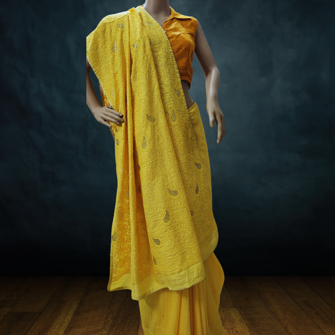 Chanderi Silk Chikankari Saree with Badla (Yellow)