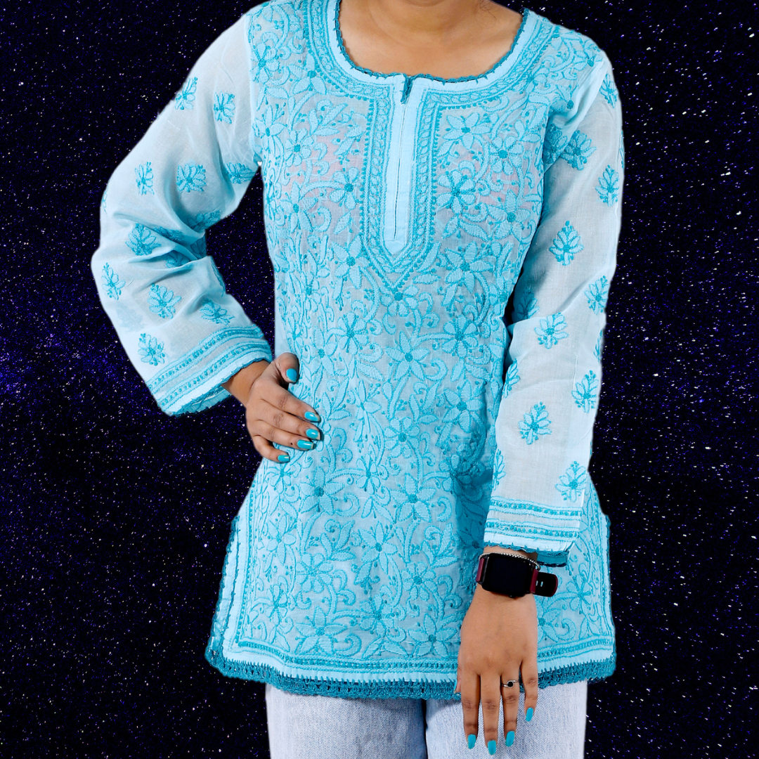Cotton Chikankari Short Kurti/ Top (Blue)