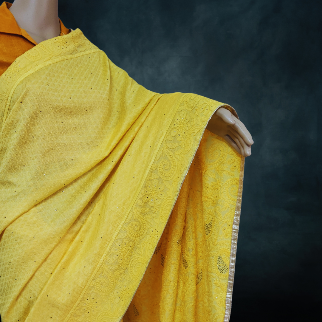 Chanderi Silk Chikankari Saree with Badla (Yellow)