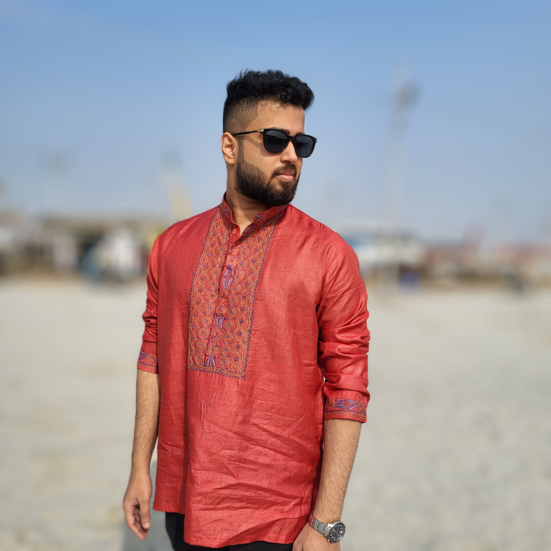 Moonga Silk Mens Chikankari Short Kurta Fabric ( Red )