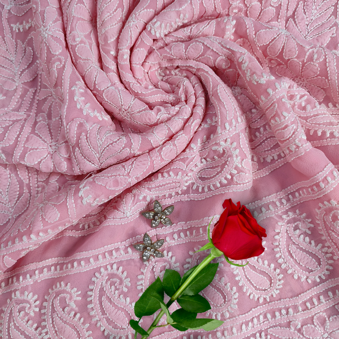 Georgette Chikankari Kurta Fabric (Peach)