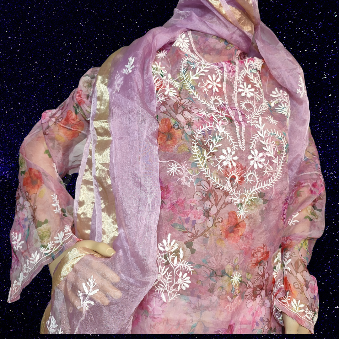 Organza Printed semi stitched Kurta Fabric and Dupatta- Dyeable (Purple-Wine)