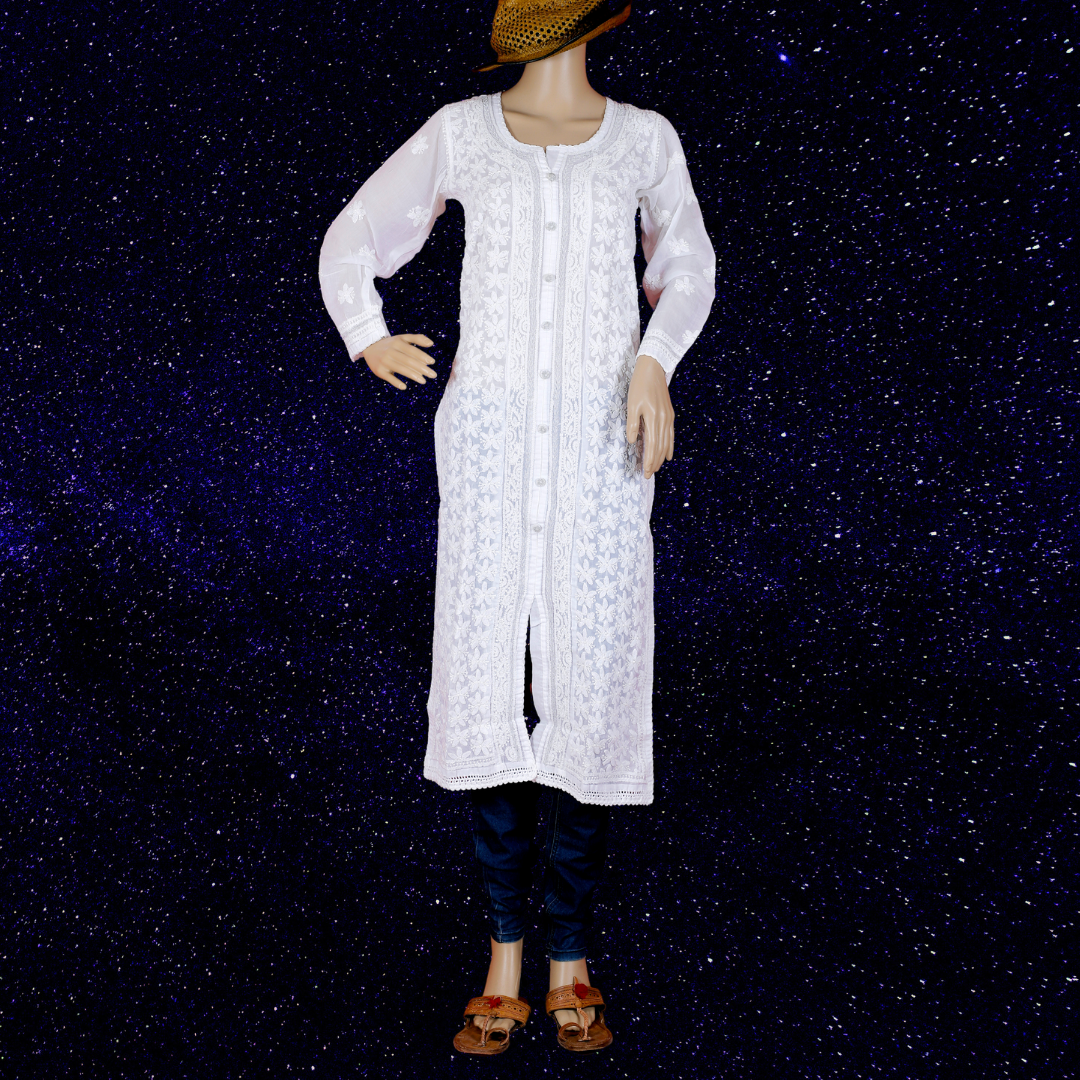Cotton Chikankari Kurta with Kasab work (White)