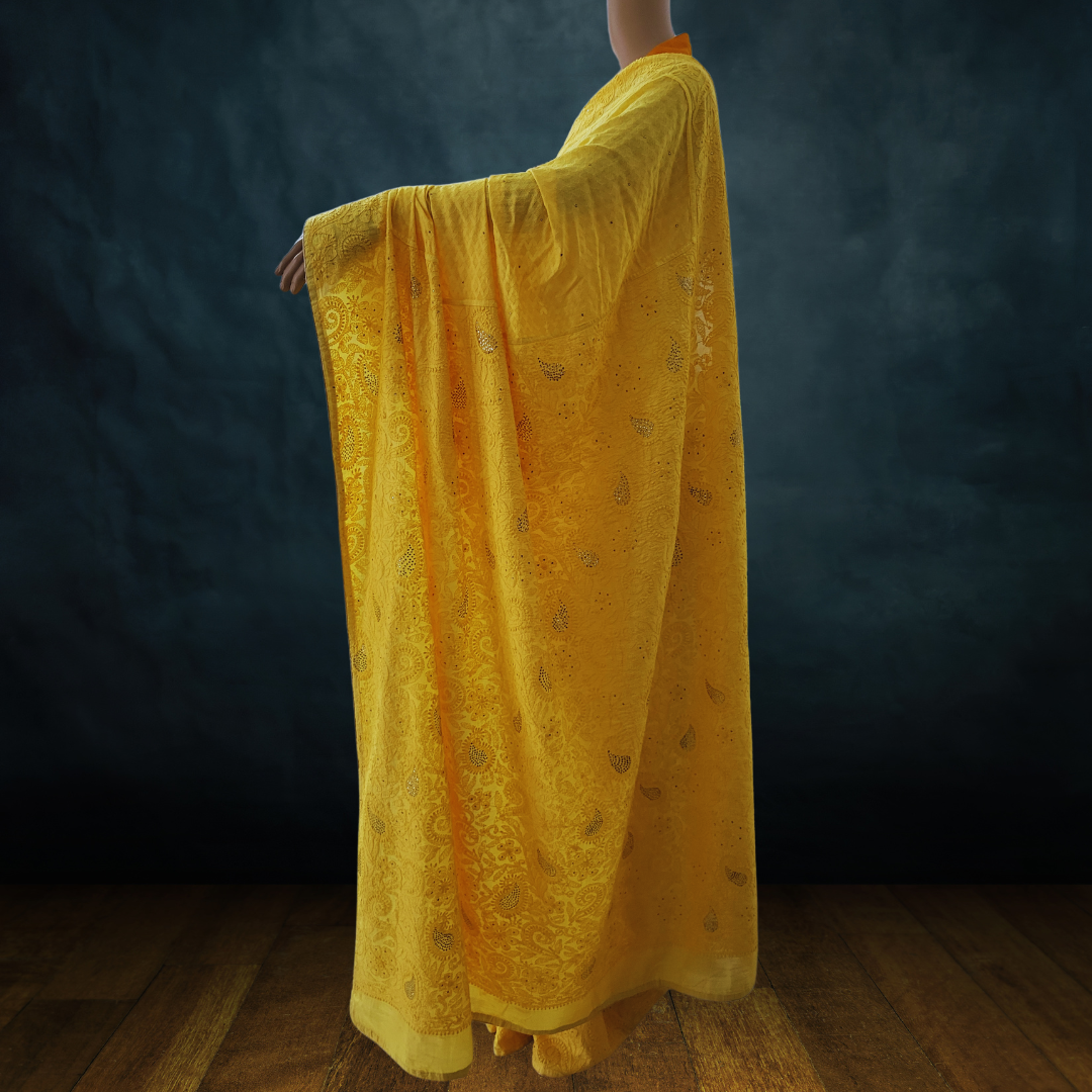 Chanderi Silk Chikankari Saree with Badla (Yellow)