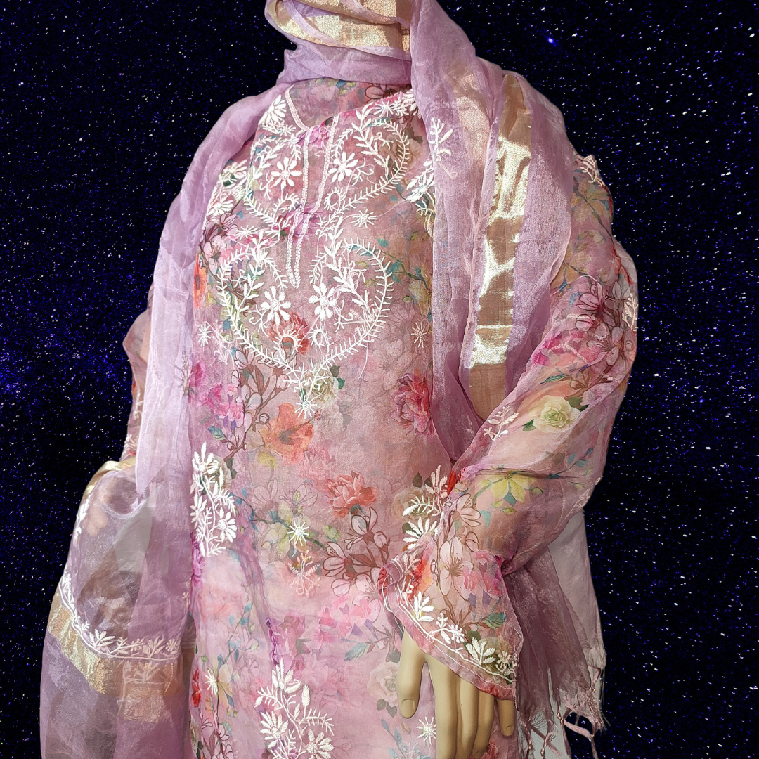 Organza Printed semi stitched Kurta Fabric and Dupatta- Dyeable (Purple-Wine)
