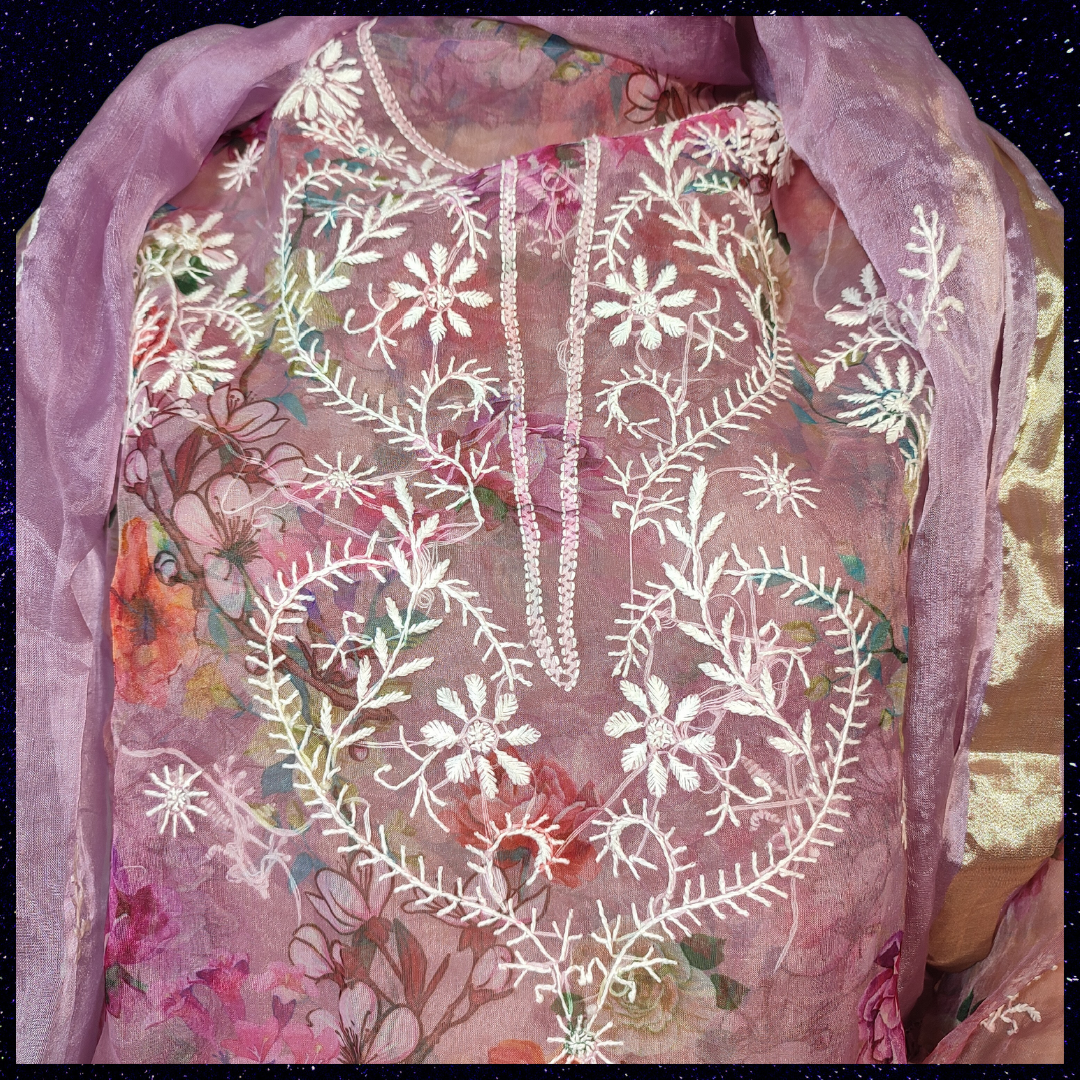 Organza Printed semi stitched Kurta Fabric and Dupatta- Dyeable (Purple-Wine)