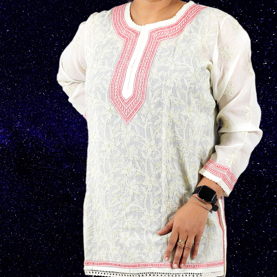 Cotton Chikankari Short Kurti/ Top (Cream)