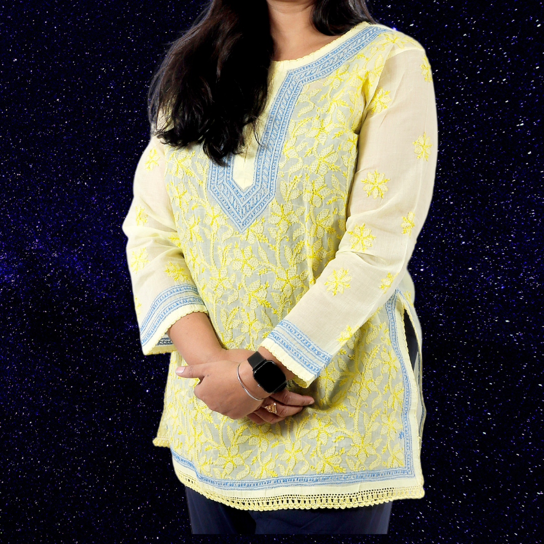 Cotton Chikankari Short Kurti/ Top (Lime Yellow)