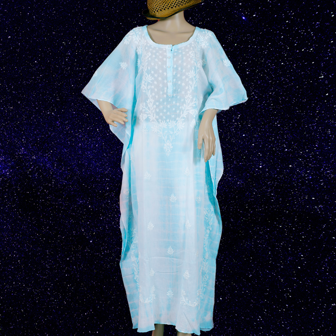 Crush Cotton Tie & Dye Chikankari Kaftan (Blue and White)