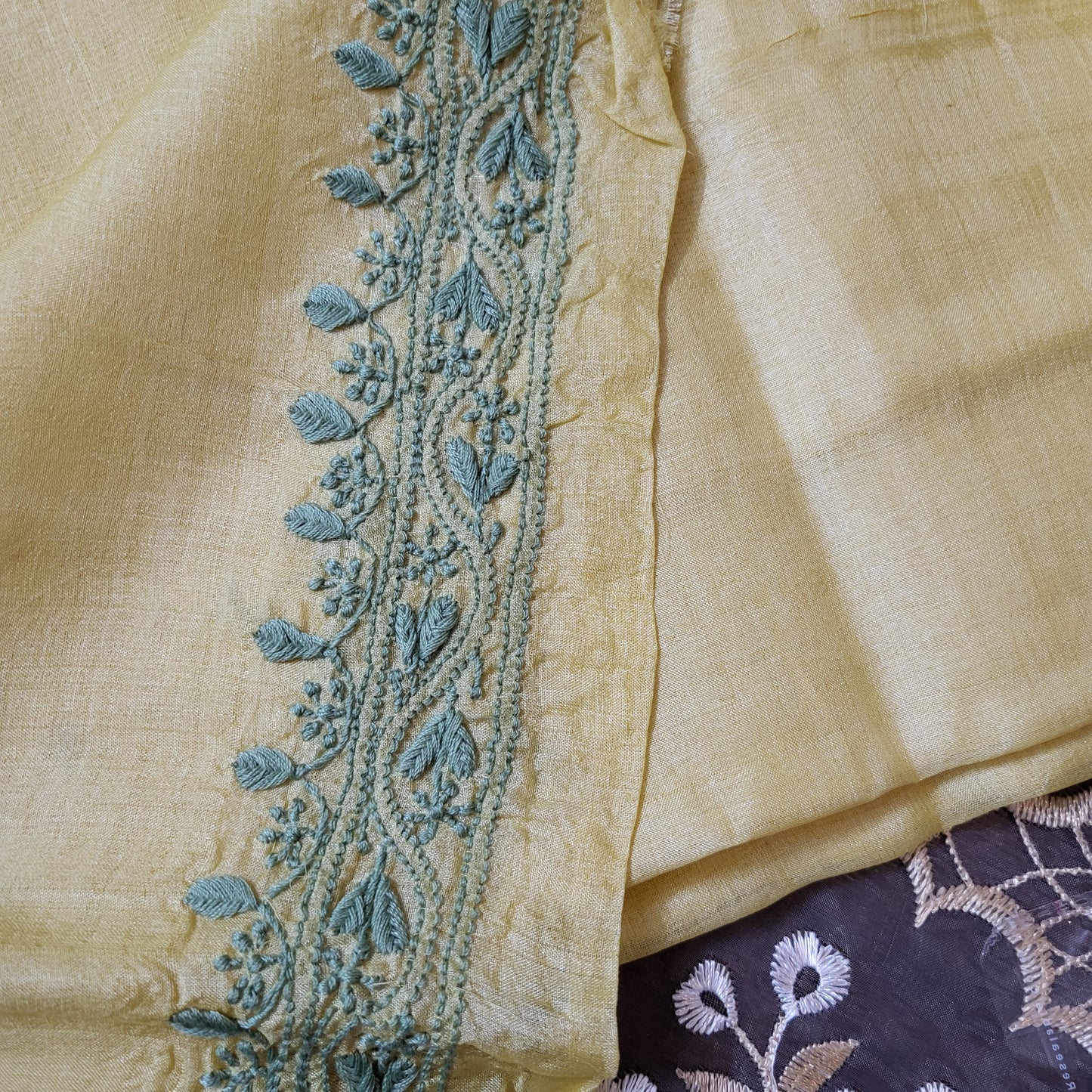 Tussar Silk Mens Chikankari Kurta Fabric ( Golden Yellow )
