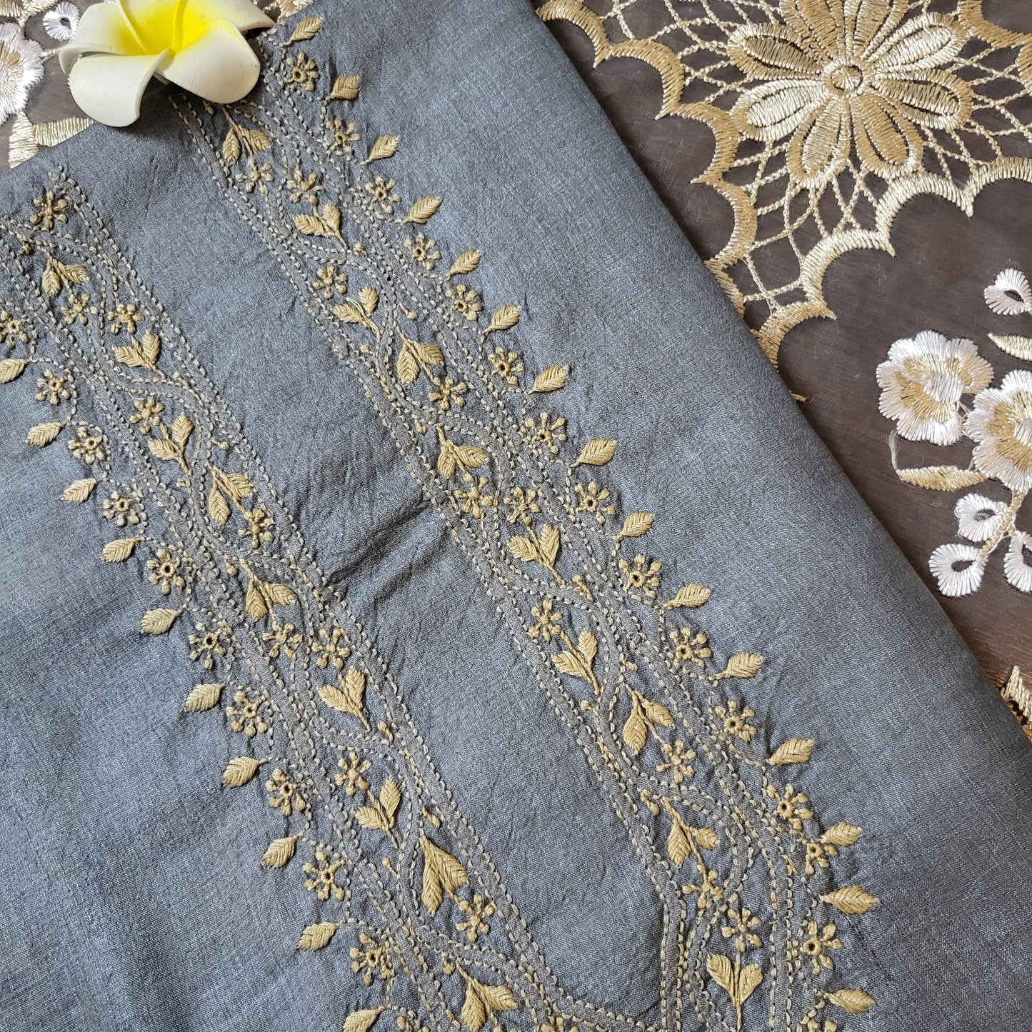 Tussar Silk Mens Chikankari Kurta Fabric ( Grey )