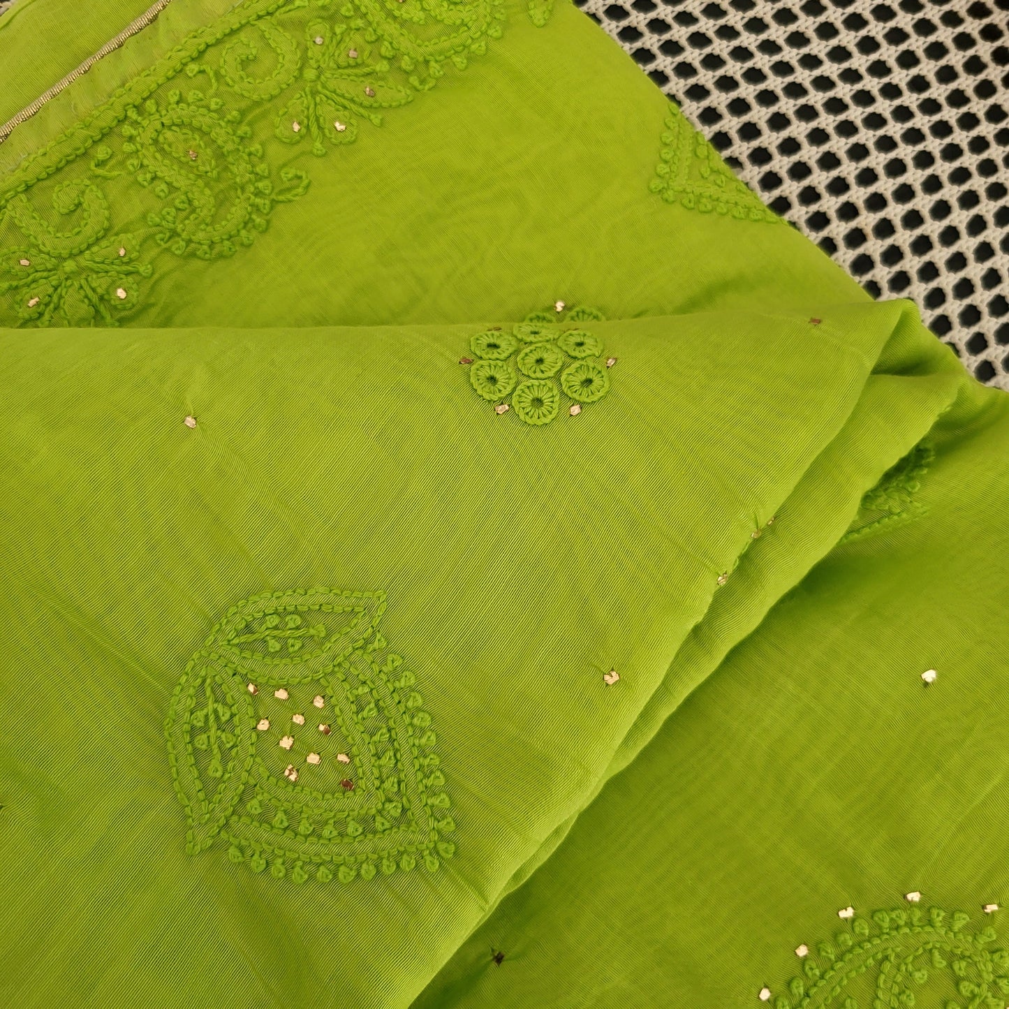 Chanderi Silk Chikankari Saree with Badla (Bright Green)