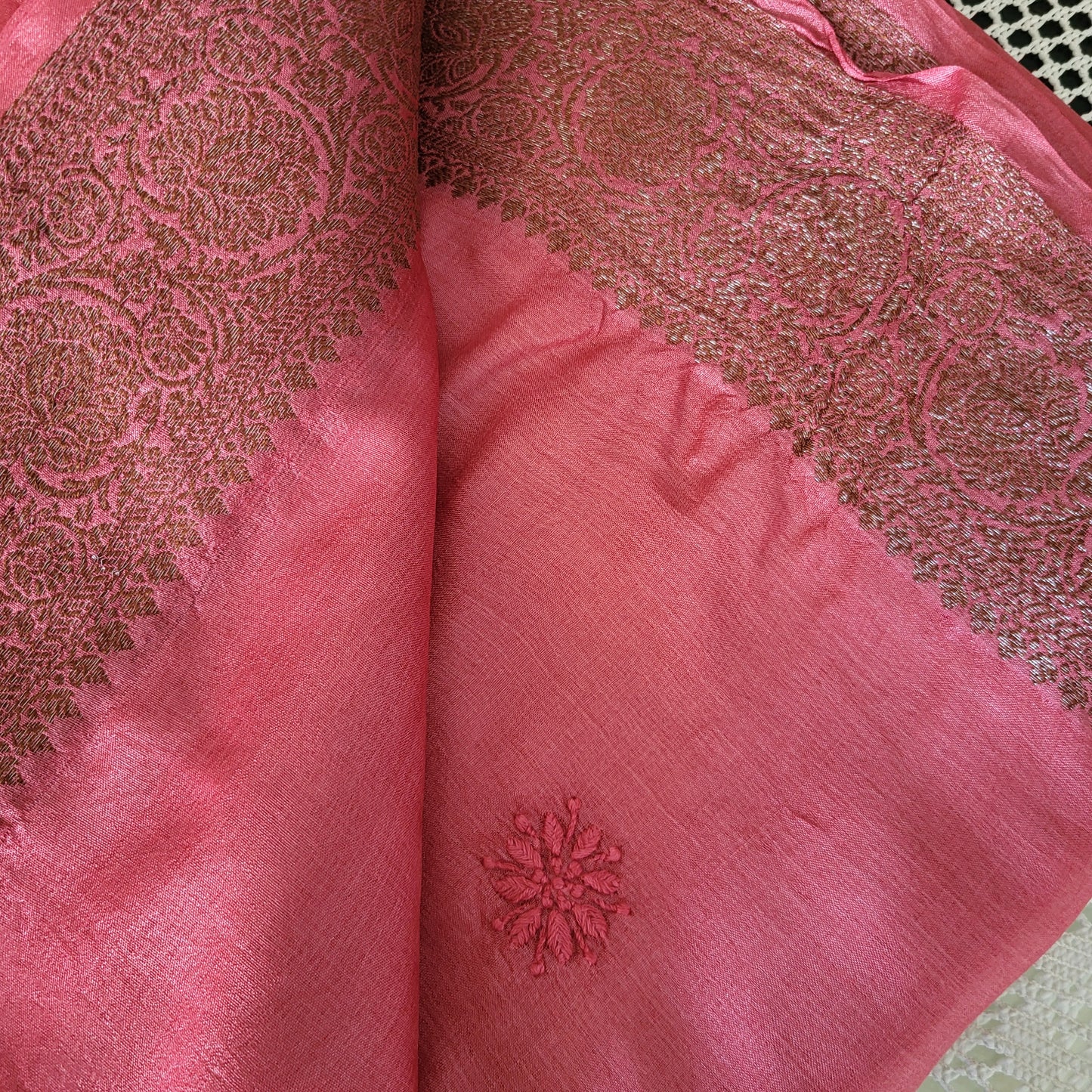 Tussar Silk Chikankari Saree with Jacquard Border ( Carrot Pink )