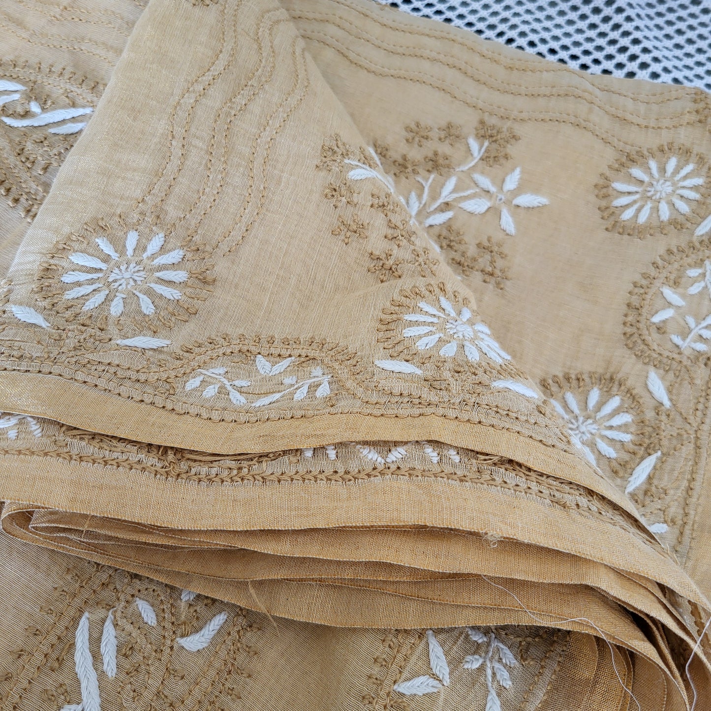 Chanderi Tissue Silk Chikankari Saree (Golden)