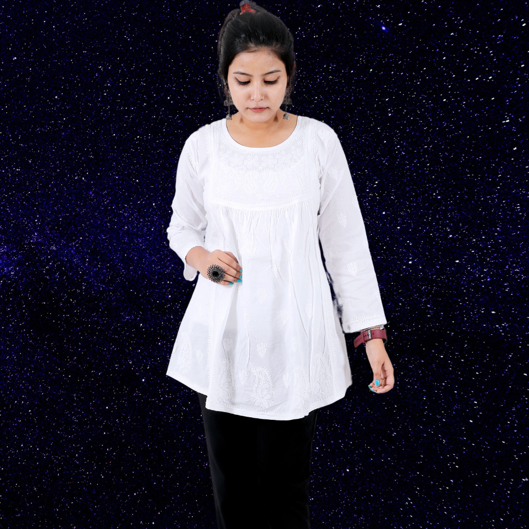 Cotton Chikankari Top with Flare (White)