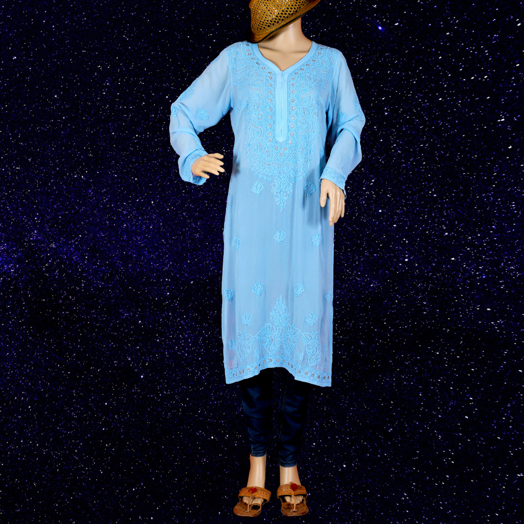Viscose Georgette Chikankari Kurta with Badla (Blue)