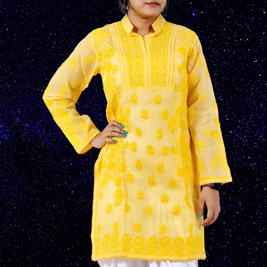 Cotton Chikankari Short Kurti/ Top (Yellow)