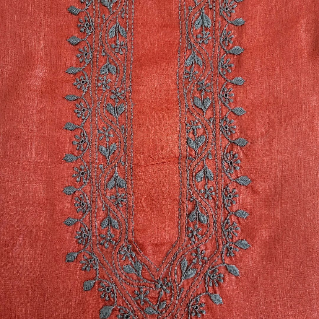 Tussar Silk Mens Chikankari Kurta Fabric ( Red )