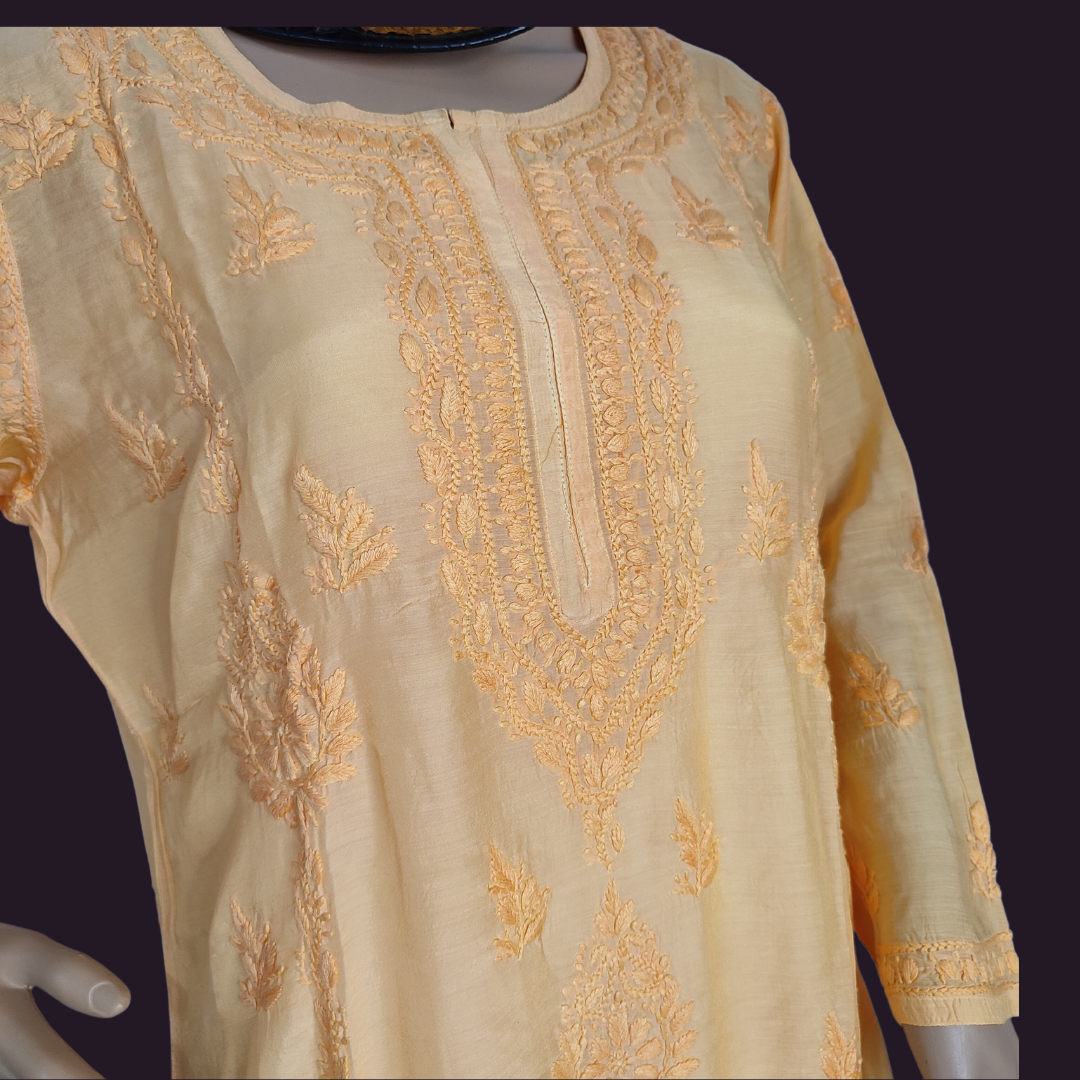 Muslin Chikankari kurta (Ochre yellow)