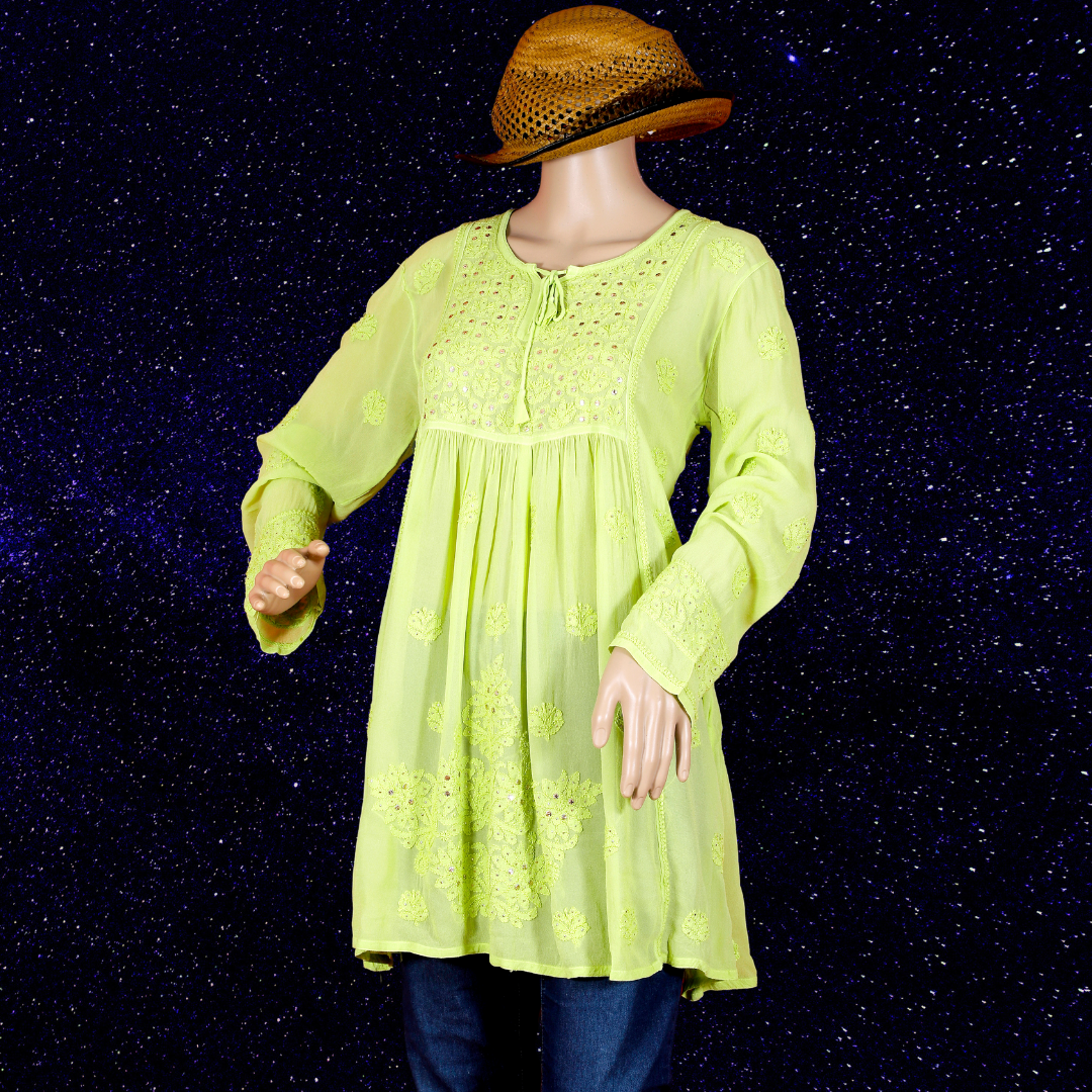 Viscose Georgette Short Kurti/ Top/ Tunic with Badla (Green)