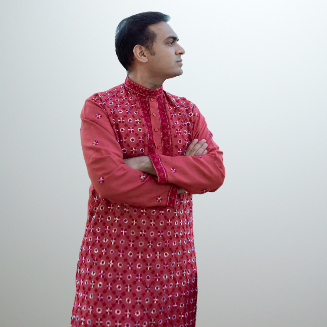 Moonga Silk Mens Chikankari Kurta Fabric with all over embroidery adorned with sequence ( Red )