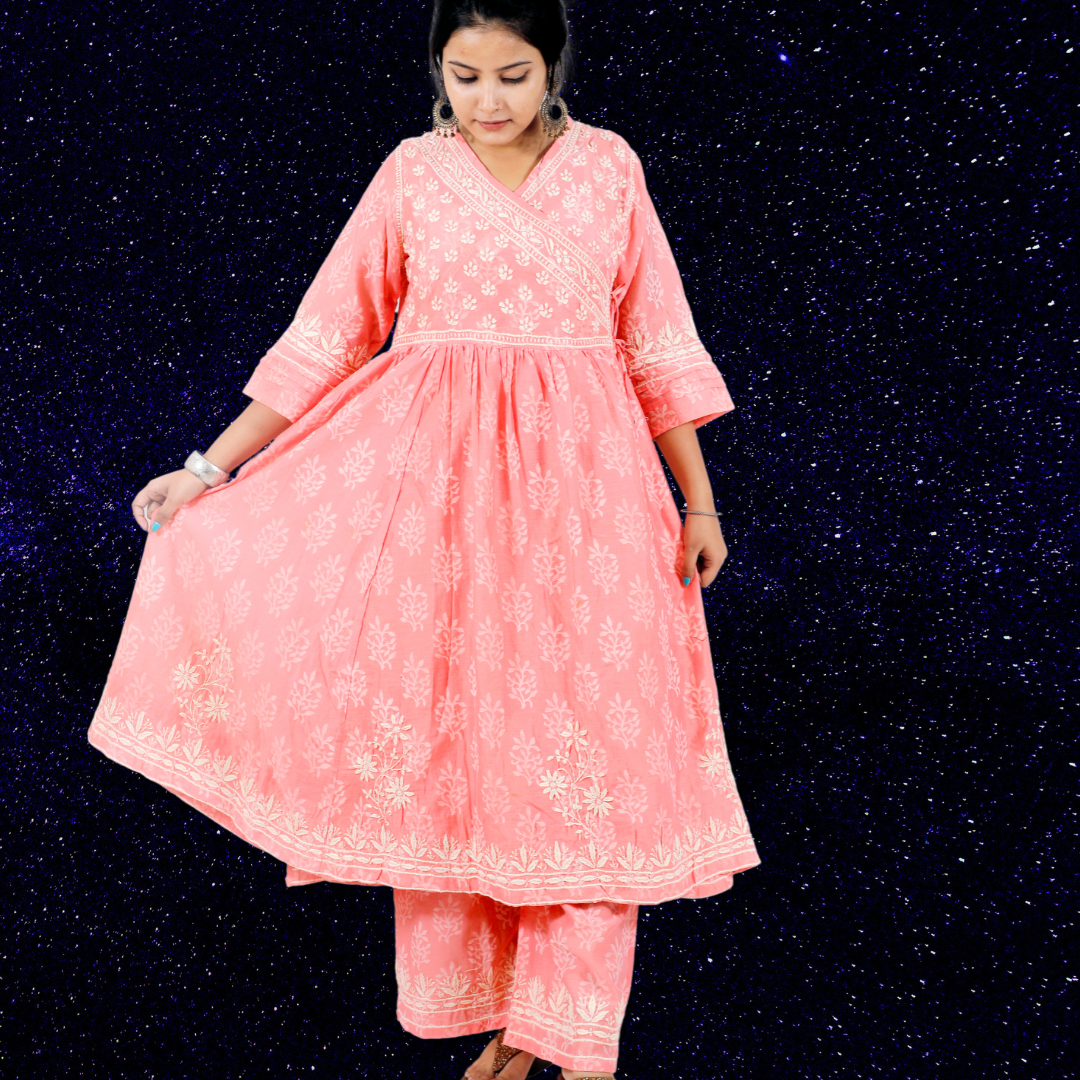 Chanderi Chikankari Angarkha with Palazzo (Peach)