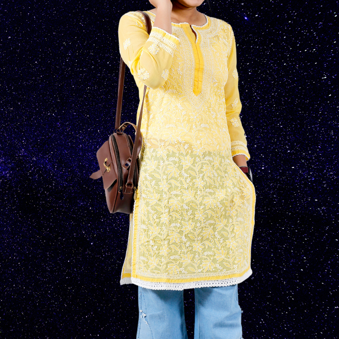 Cotton Chikankari Short Kurti (Yellow)