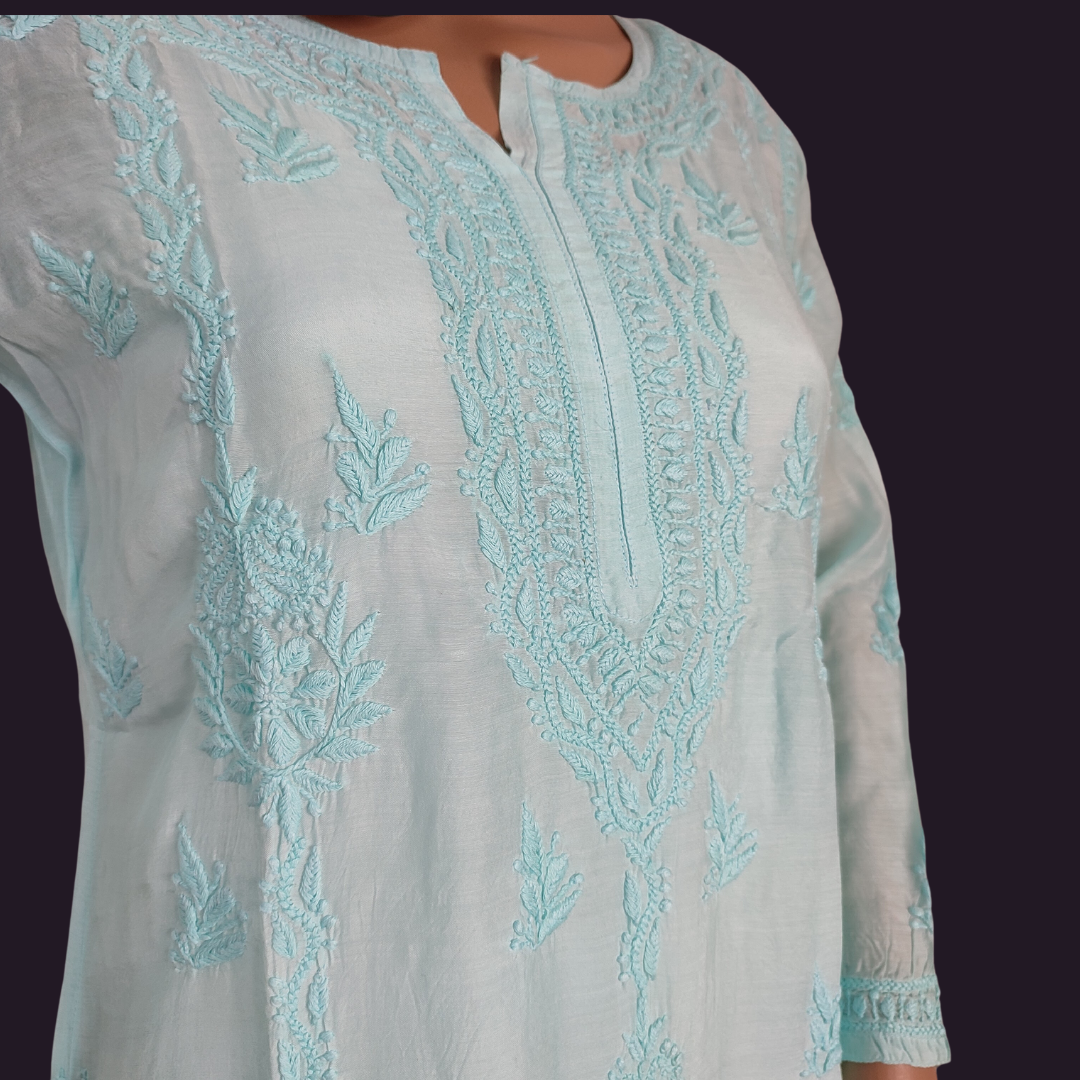 Muslin Chikankari kurta (light sea green)