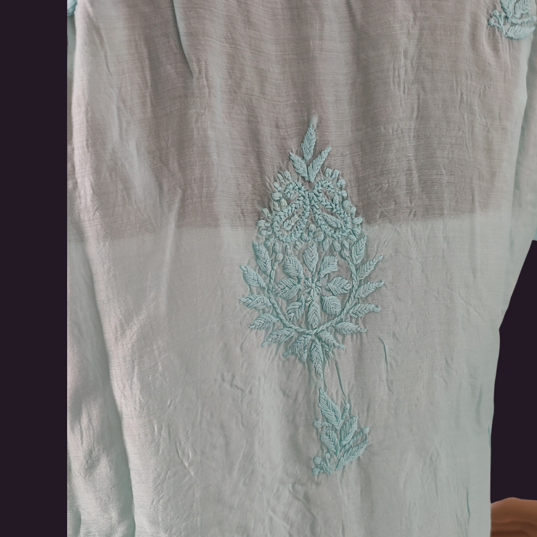 Muslin Chikankari kurta (light sea green)