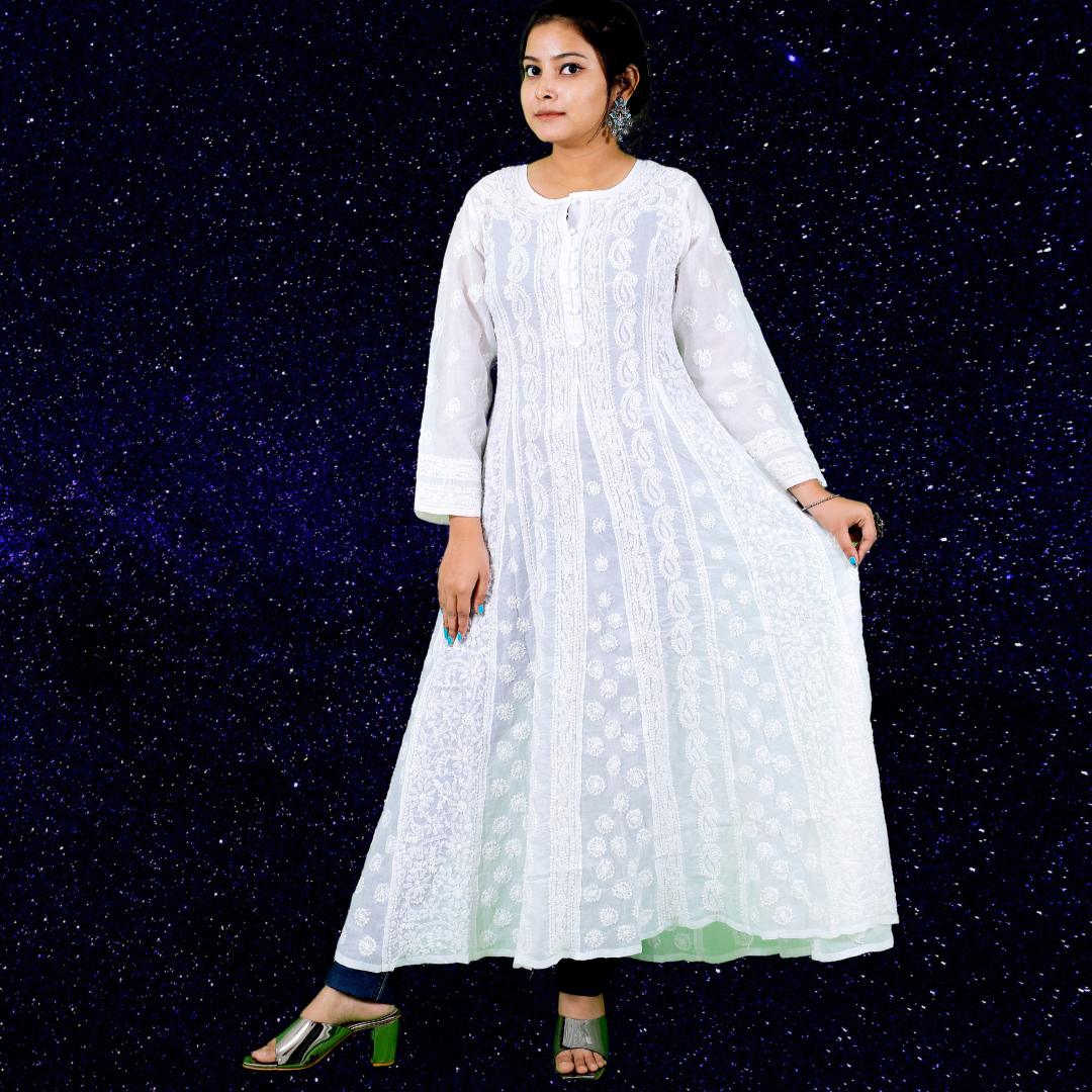 Cotton Chikankari Anarkali Kurta (White)
