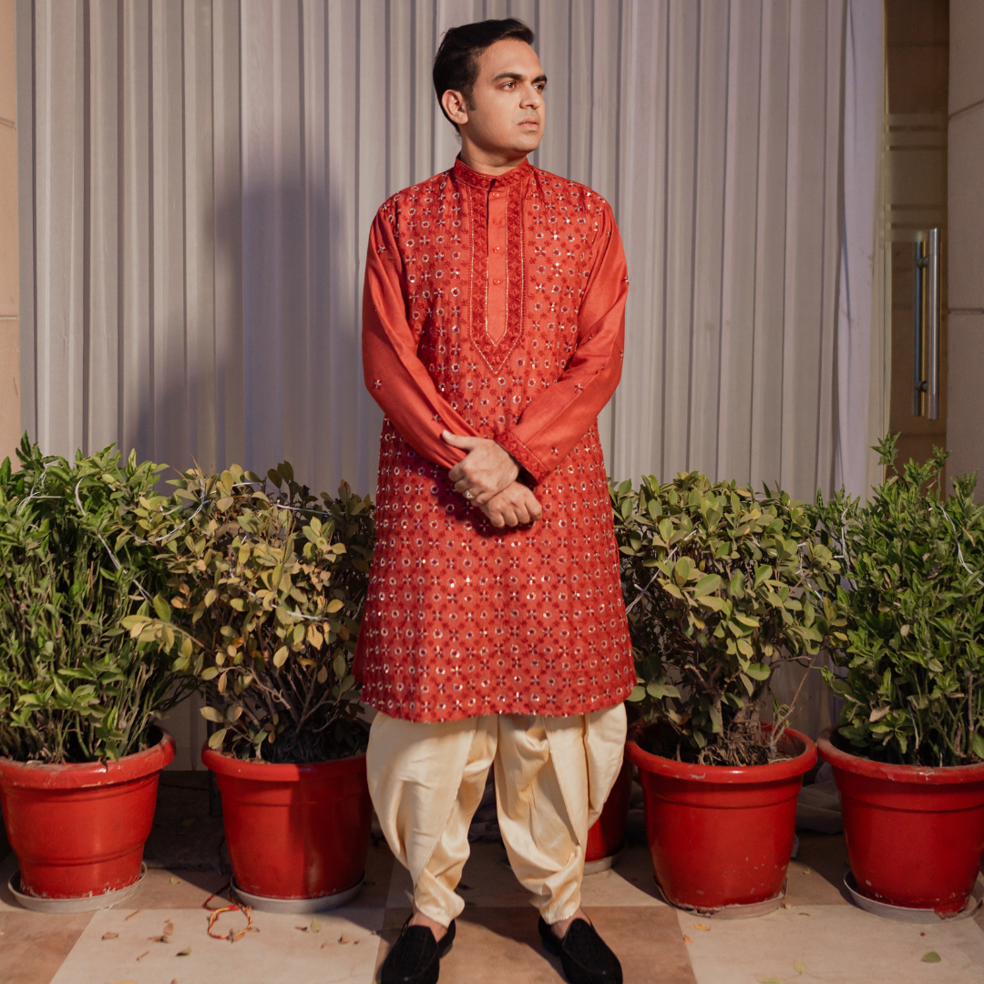 Moonga Silk Mens Chikankari Kurta Fabric with all over embroidery adorned with sequence ( Red )