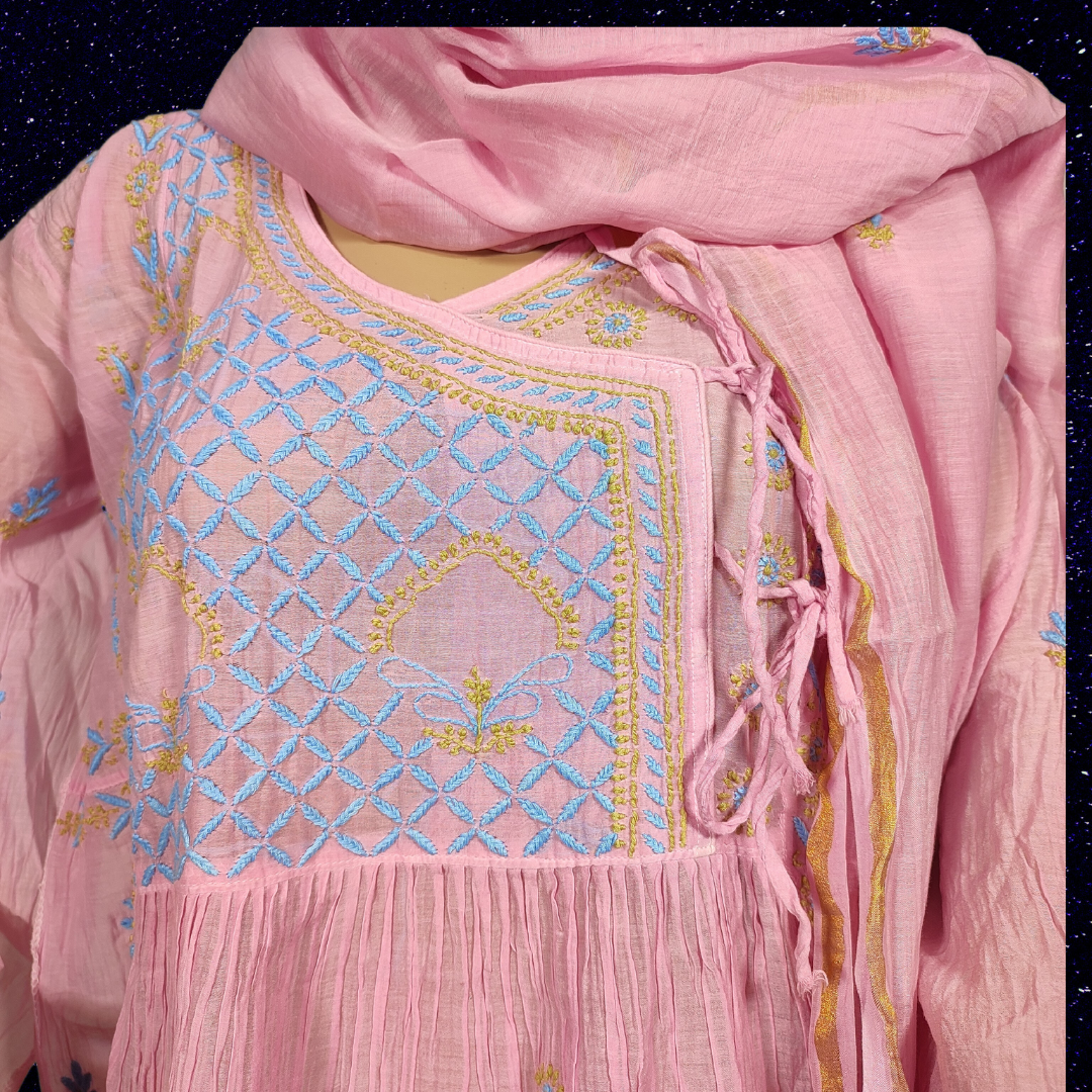 Mul Chanderi Semi Stitch Chikankari Anarkali Kurta fabric and Dupatta-Dyeable (Pink)