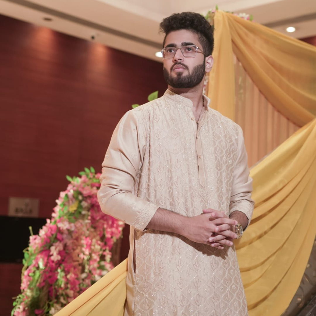 Chanderi Silk Mens Chikankari Kurta Fabric with all over embroidery adorned with cutdana ( Beige )