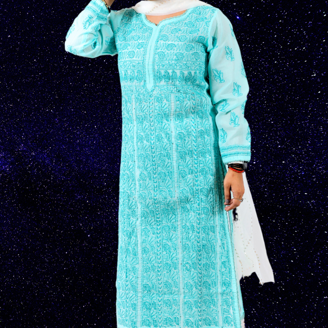 Cotton Chikankari Kurta with Sequence (Blue)