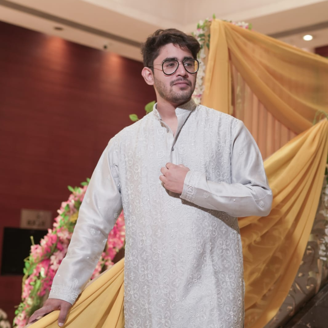 Chanderi Silk Mens Chikankari Kurta Fabric with all over embroidery adorned with cutdana (Grey)