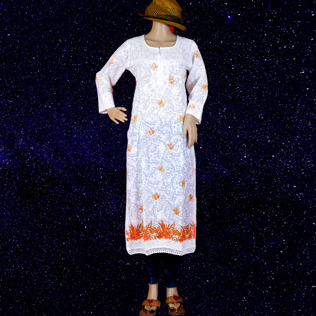 Cotton Embossed Chikankari Kurta with Orange print (White)