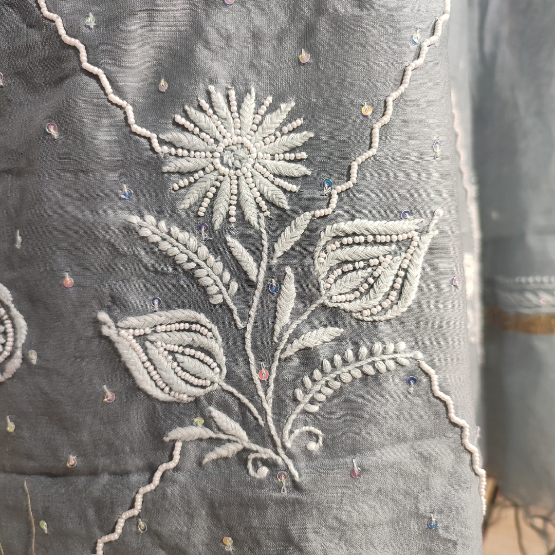 Chanderi Silk Kurta Fabric with Addons and Dupatta- Dyeable (Grey)