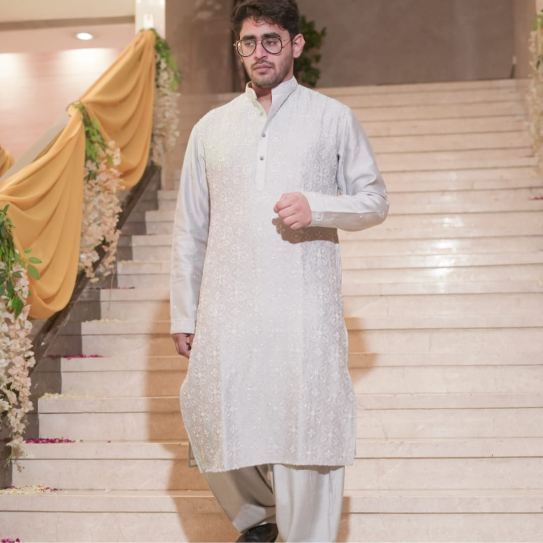 Chanderi Silk Mens Chikankari Kurta Fabric with all over embroidery adorned with cutdana (Grey)