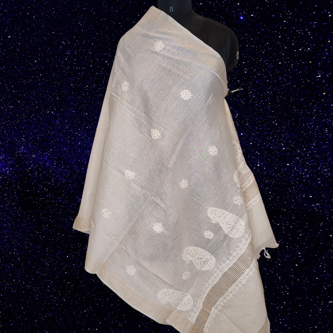 Chanderi Cotton Chikankari Dupatta with Badla (Off White)