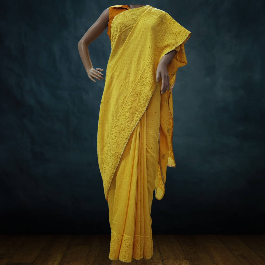 Chanderi Silk Chikankari Saree with Badla (Yellow)