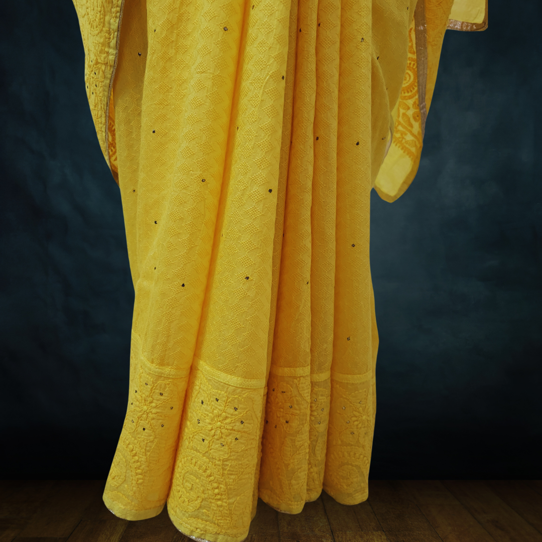 Chanderi Silk Chikankari Saree with Badla (Yellow)