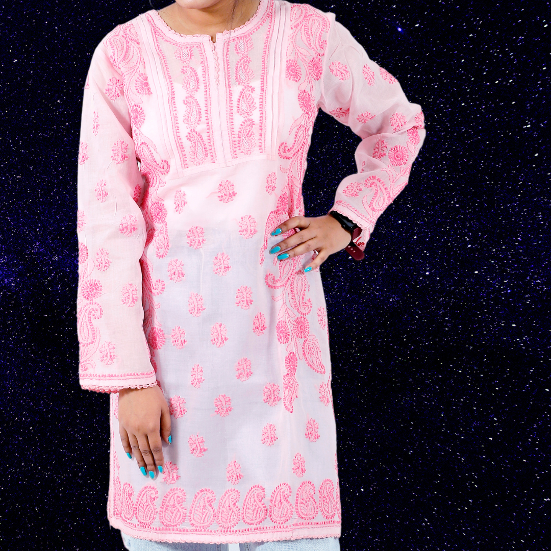 Cotton Chikankari Short Kurti/ Top (Light Pink)