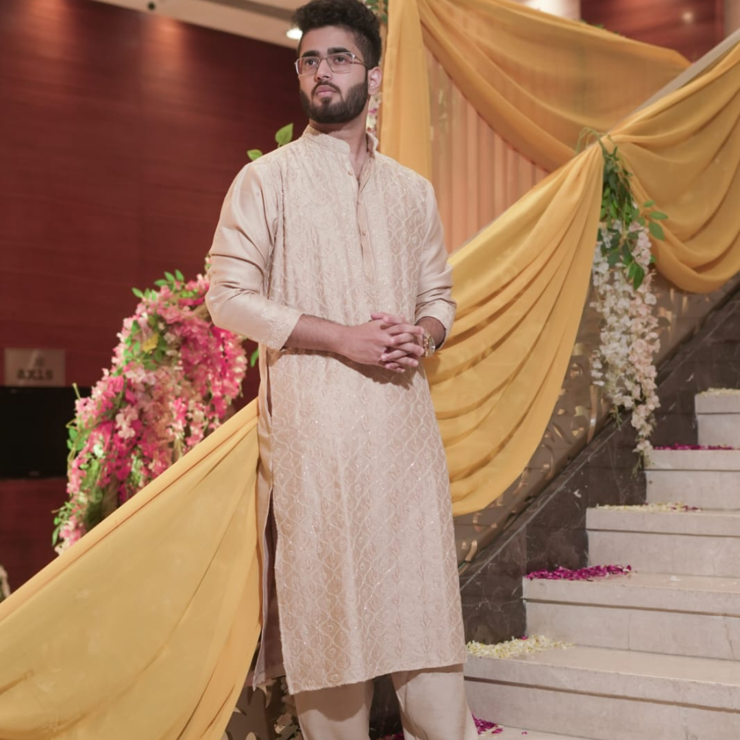 Chanderi Silk Mens Chikankari Kurta Fabric with all over embroidery adorned with cutdana ( Beige )