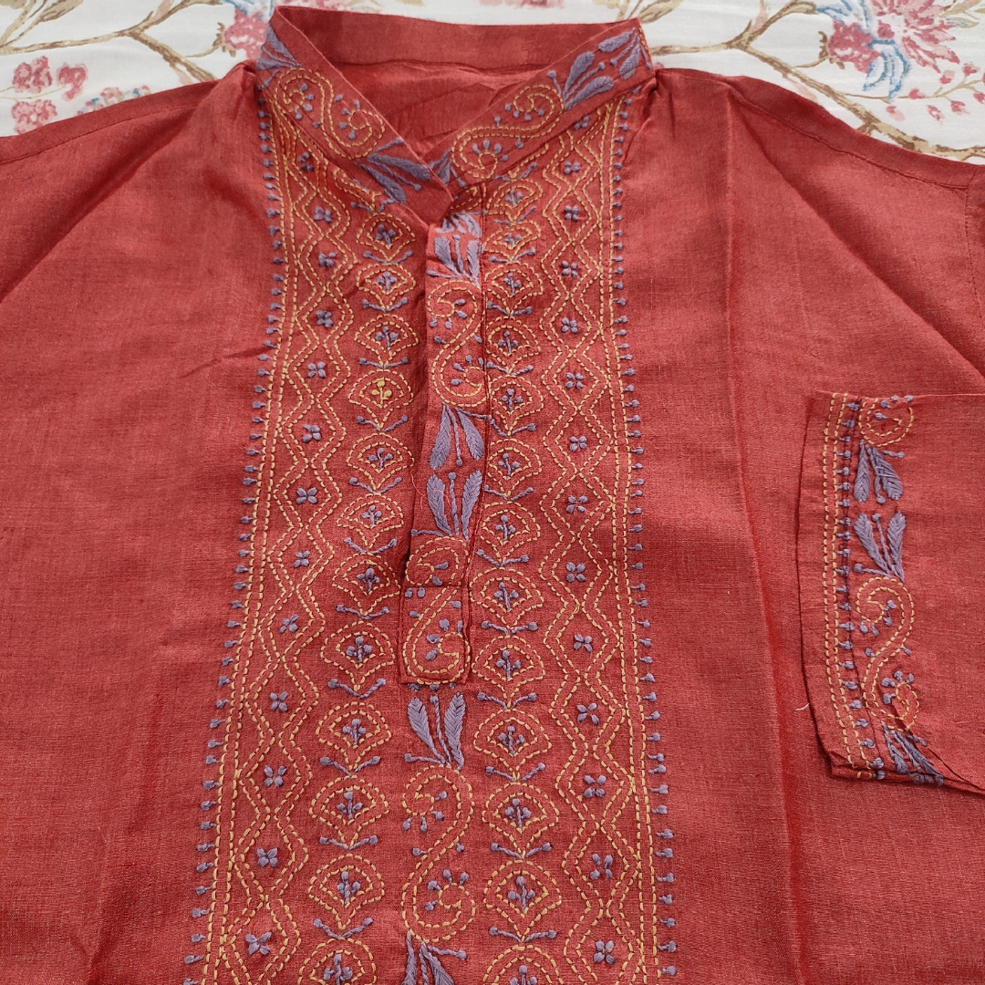 Moonga Silk Mens Chikankari Short Kurta Fabric ( Red )