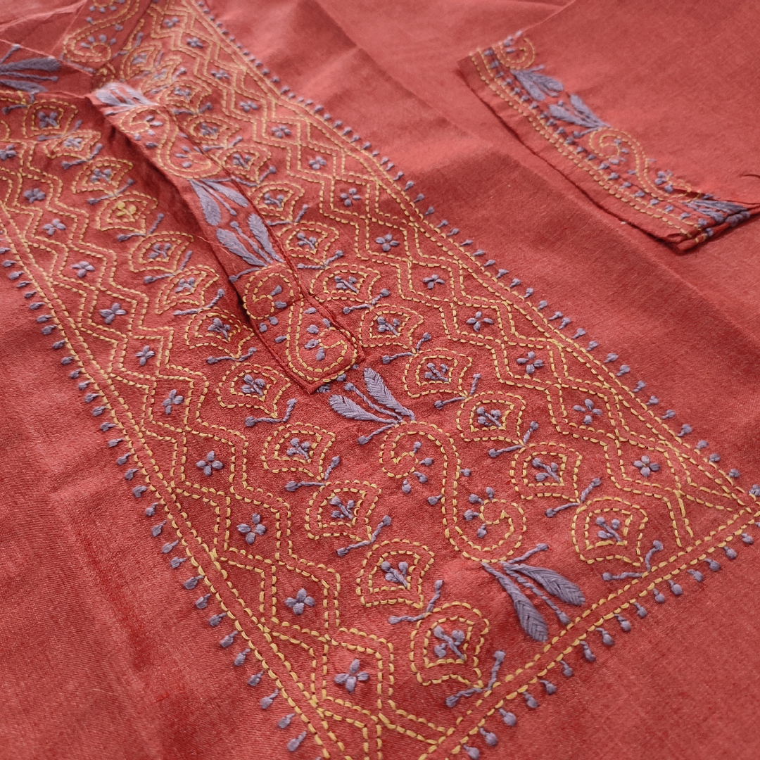 Moonga Silk Mens Chikankari Short Kurta Fabric ( Red )