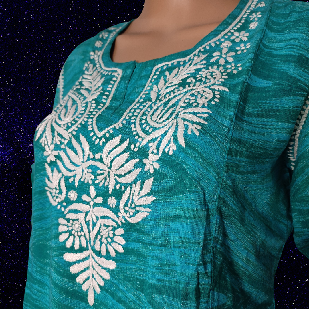 Modal Cotton Chikankari top (Rama Green)