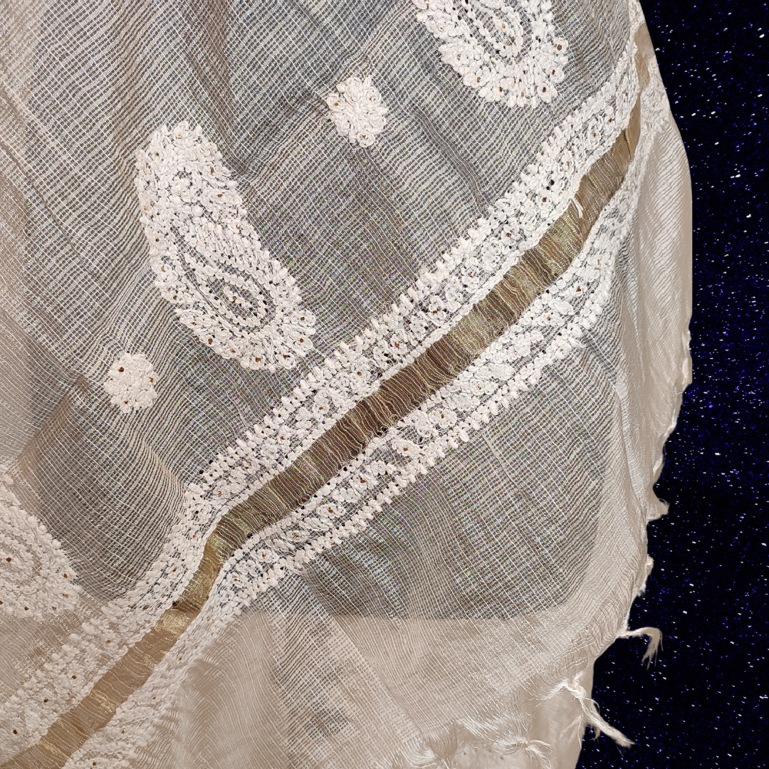 Kota Cotton Chikankari Dupatta with Badla (Dyeable)