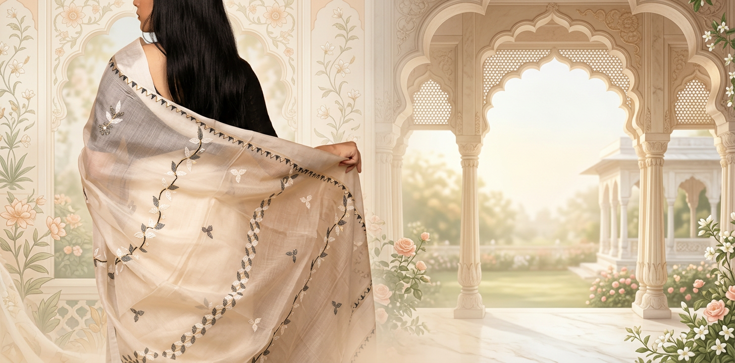 Model wearing handcrafted Chikankari saree from Manjari Hansini collection