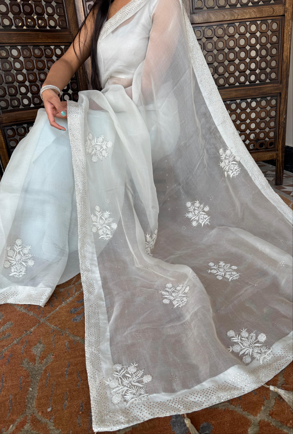 Organza Silk Chikankari Saree ( cloud grey )