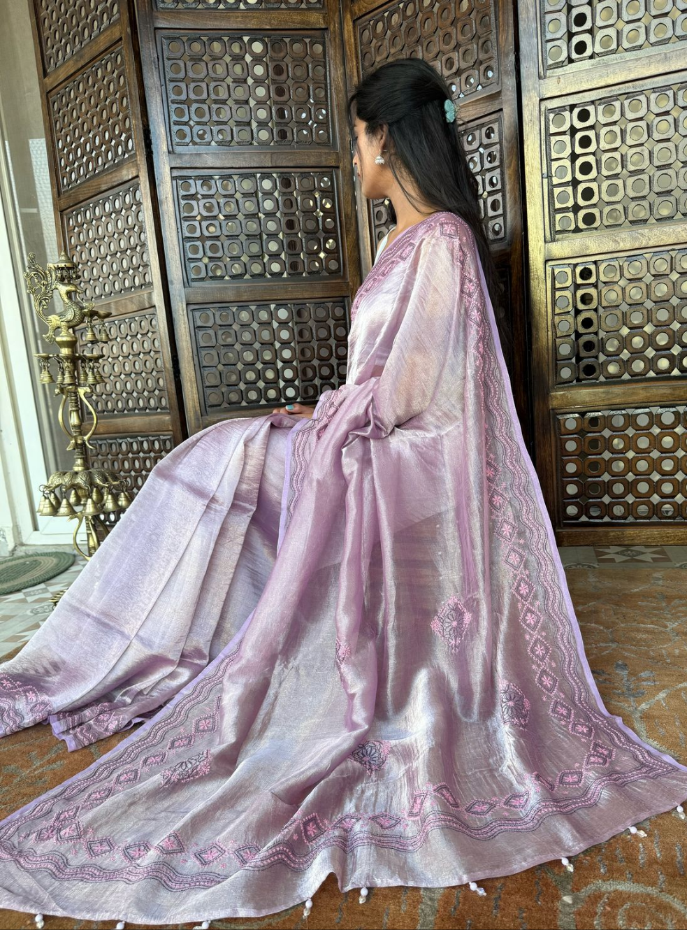 Tissue silver silk saree (Lavender)